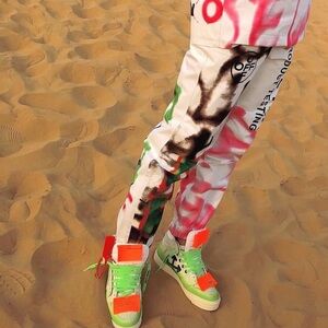 OFF WHITE x GORE-TEX White Pants with Black Logo and Pink & Green Paint Accents